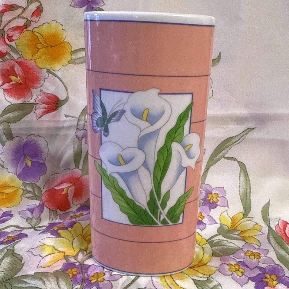 Vintage Wicks‎ N Sticks Calla Lily Vase Japan Pink Floral Ceramic 6"
